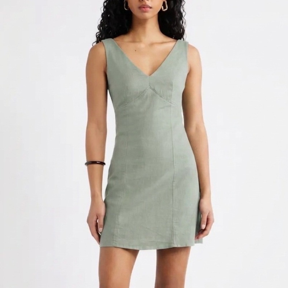 Open Edit Sage Green V-Neck Mini Dress, Small Linen Blend | Clean Girl, minimal